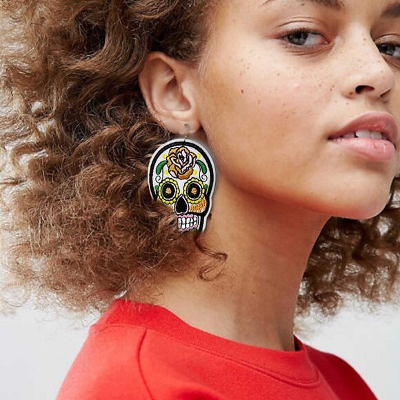 Hand Embroidered Halloween Sugar Skull Day of the Dead NOLA Statement Earrings - Picture 5 of 7